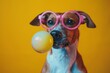 Dog with pink glasses blowing a bubble - A cute dog with pink heart-shaped glasses blowing a bubble gum against a yellow background