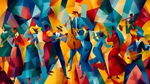 Cubism Art Illustration Vibrant Music Club With People Dancing And Playing Instruments