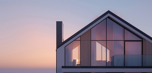 Sticker - An early morning scene capturing a Scandinavian contemporary house with a sleek gable roof, its large windows reflecting the soft pink hues of sunrise, the , blending seamlessly with the dawn light