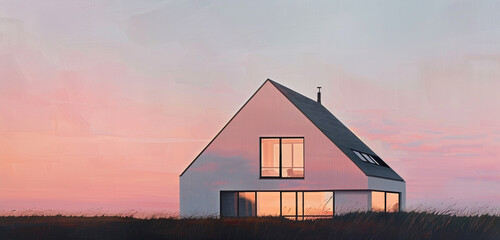 Sticker - An early morning scene capturing a Scandinavian contemporary house with a sleek gable roof, its large windows reflecting the soft pink hues of sunrise, the exterior is a subtle 