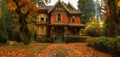 Wall Mural - Autumn transforms the setting of a  house in Lakewood, its half-timbering painted in harvest orange and deep forest green. A carpet of fallen leaves lines the approach, with the scent of  in the air