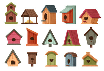 Wall Mural - Cartoon wooden bird houses. Rustic avian homes with various designs, classic birdhouses and birds feeders vector illustration set