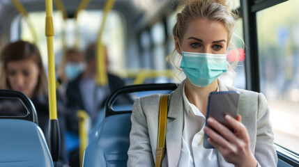 Poster - woman is seen sitting on a bus, wearing a surgical mask and looking down at her smartphone, with a cityscape visible through the window behind her