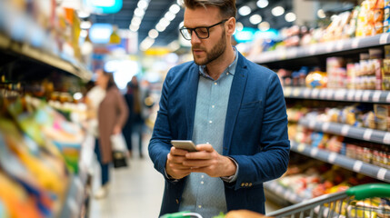 Wall Mural - man in a blue blazer and glasses is using his smartphone while shopping in a grocery store