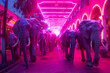 A procession of elephants with glowing tusks walking under neon lights at night in a street