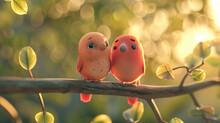 3d Cute Cartoon Love Birds On Branch