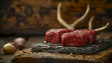 Fototapeta Do przedpokoju - Raw steak meat from roe deer on the bridlic chopping board with ingredients as a sea salt, pepper ,basil,chilli and other. generative ai 