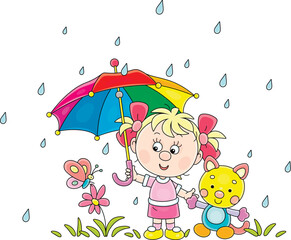 Wall Mural - Little girl with her funny toy cat holding a beautiful striped umbrella over a small butterfly on a flower and saving it from summer rain, vector cartoon illustration on a white background