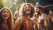Beautiful Hippies friends men and women fellows in fancy sunglasses happy smiling laughing portraits while they meeting together at disco bar party. Freedom and people relations concept.