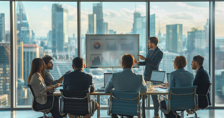 Wall Mural - A group of people were sitting around a table in an office, with one person standing and pointing at a whiteboard