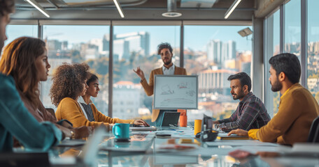 Wall Mural - A group of people were sitting around a table in an office, with one person standing and pointing at a whiteboard