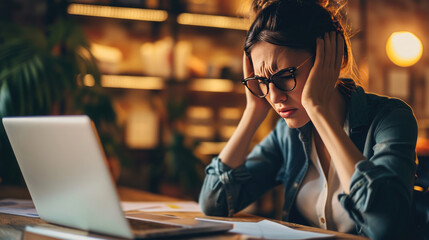 Wall Mural - Woman feeling stressed while working on her laptop. She has her head in her hands, a pained expression on her face, signifying a headache, frustration, or exhaustion.