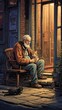 Old man sitting on the porch of a house with a cat