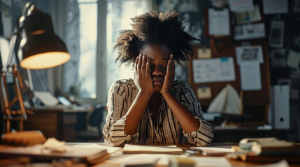 Wall Mural - Woman feeling stressed while working on her laptop. She has her head in her hands, a pained expression on her face, signifying a headache, frustration, or exhaustion.