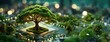 Fantastical miniature cityscape centered around an ancient tree. Enchanted urban setting glowing with fairy lights under twilight. Panorama with copy space.