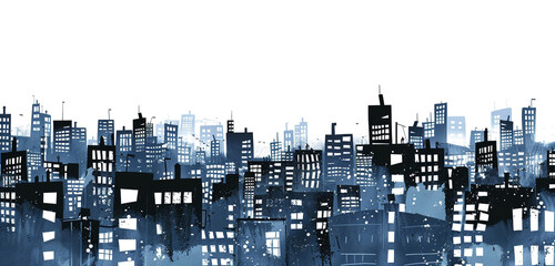 A cityscape at twilight, with buildings outlined in black ink against a dusky blue sky, starkly urban, isolated on white background