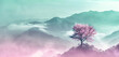 A delicate cherry blossom tree overlaid on a misty mountain range to create a double exposure effect, under a lavender and mint green sky