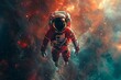 This detailed artistic rendering captures an astronaut clad in a bold red space suit, floating gracefully against the backdrop of space, perfectly embodying the essence of weightlessness and the seren