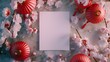 Rectangular card, adorned with red lanterns and cherry blossoms
