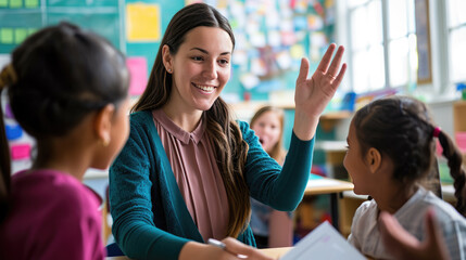 Canvas Print - Сheerful teacher engaging with young students in a classroom, raising her hand likely to signal attention