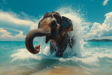 Wall Mural - Baby elephant bathing in the river or ocean. Wildlife nature. Young elephant having fun in water. Exotic travel, tourism, summer vacation concept. World elephant day, save animals