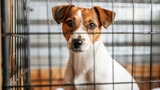 Fototapeta Natura - Unwanted and homeless cute sad dog in the cage, specialized pet shelter
