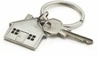 The houses shaped silver key ring with keys on a white background, illustrated in detail, with high resolution, in a professionally photographed style. The ultrahigh resolution detail of the subject i