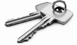 The houses shaped silver key ring with keys on a white background, illustrated in detail, with high resolution, in a professionally photographed style. The ultrahigh resolution detail of the subject i