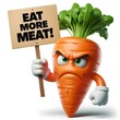 3D realistic image of angry vegetables conveying the message 'Say no to meat' in an ironical way.