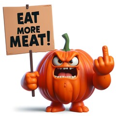 3D realistic image of angry vegetables conveying the message 'Say no to meat' in an ironical way.