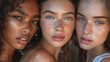Young, multiracial female models confidently showcase flawless skin for a beauty campaign, radiating empowerment and inclusivity.