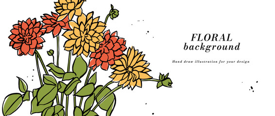 Wall Mural - Vector background or banner with red and yellow chrysanthemums flowers and typography template. Web wallpaper. Linear floral art with botanical illustration