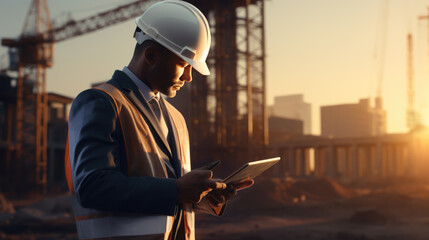 Wall Mural - Construction worker with a hardhat and reflective vest is focused on a tablet, possibly reviewing plans or conducting an inspection at a construction site.
