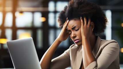 Wall Mural - Stressed woman, sitting at an office desk, holding her head in her hands with a laptop in front of her