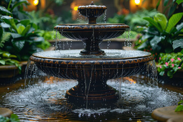 Poster - A vintage watering fountain surrounded by lush greenery, enhancing the garden with a soothing water feature. Concept of integrating aesthetics and functionality. Generative Ai.