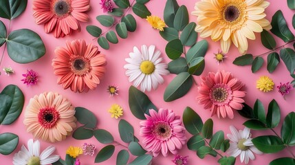 Wall Mural - A beautifully arranged flat lay showcasing a creative layout of vibrant flowers and lush leaves