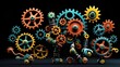© Sadushi - Closeup of cog wheel comedy cartoon character isolated on dark background. Gear cartoon character. Multi color rainbow cartoon machine gear. Engine concept.