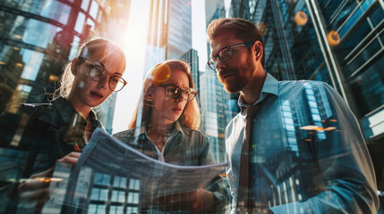 Wall Mural - Businessperson's having a discussion, superimposed with the reflective glass facade of a skyscraper, creating a double exposure effect that blends their figures with the cityscape.