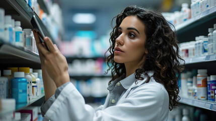 Poster - Female pharmacist or healthcare professional taking inventory or reviewing a clipboard in a pharmacy with shelves stocked with various medications.