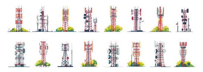 5g base stations satellite towers, cartoon gsm telecommunication transmitters vector set. Telekom tv radio wireless signal broadcasting equipment trees nature objects isolated on white background