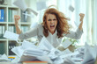 Furious Woman in Office Throws Papers - Burnout Concept