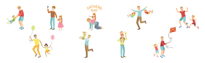 Sticker - Man Father and Kid Spend Good Time Together Vector Set