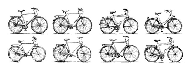 Poster - Bicycles classic modern street models pencil sketch style vector set. Two wheeled vehicles, urban and countryside eco transport, black illustrations isolated on white background