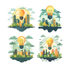 Wall Mural - Clean energy cityscapes cartoon style vector concepts. Light bulb skyscrapers high rise buildings, pure green trees electricity renewable energy landscape, illustrations isolated on white background