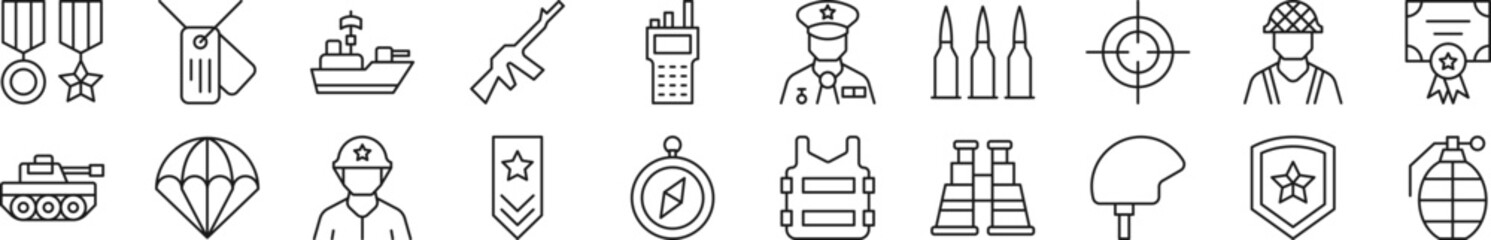 Army Linear vector icons collection. Editable stroke. Simple linear illustration for web sites, newspapers, articles book