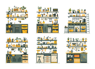 Canvas Print - Garage workplace cartoon vector set. Repair home workshop table desk tools shelves storage repair room plants space, illustrations isolated on white background