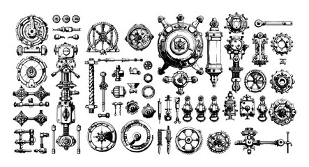 Wall Mural - gear generator clutch mechanisms retro threaded machinery parts, pencil sketch vector set. black and