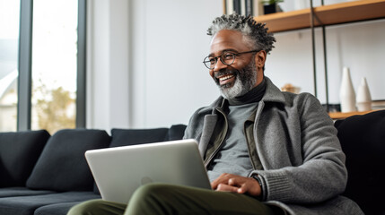 Man smiling while working on a laptop in a modern office environment