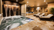 Luxurious spa interior with whirlpool hot tub, elegant chairs, and soothing waterfall, perfect for relaxation and wellness.