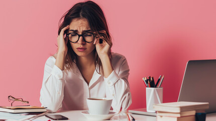 Wall Mural - Young woman in an office environment showing signs of stress or a headache.